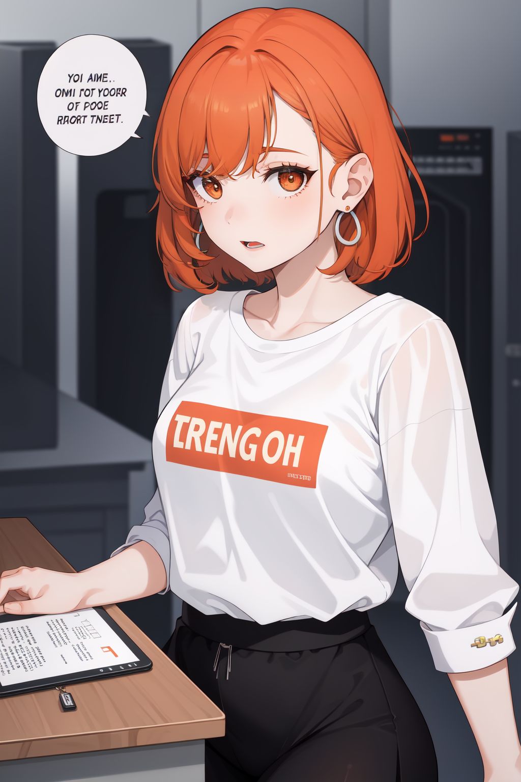 1516535142434316170-1401635677-1girl, jewelry, jewelry, earrings, solo, clothes writing, shirt, 1girl, english text, orange hair, parody,  open mouth.jpg
